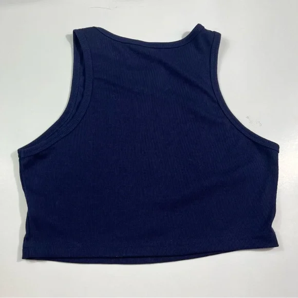 SHEIN Los Angeles Navy Cropped Racerback Spellout Collegiate Graphic Tank Top L - Picture 2 of 6